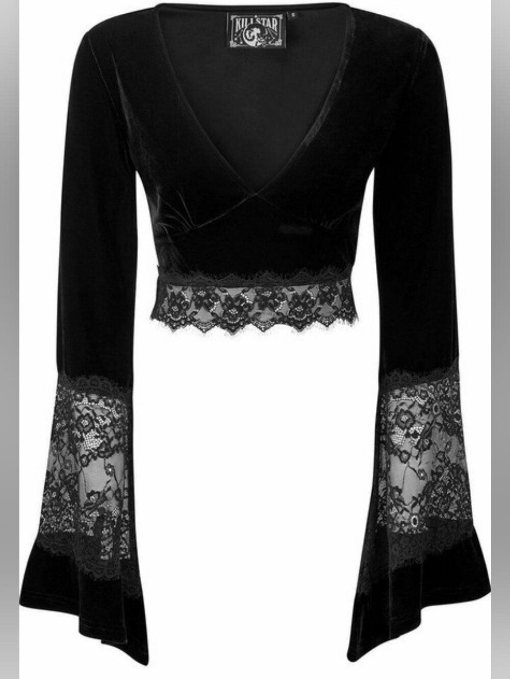 KILLSTAR Velvet Crop Top Deep Neckline Flare Sleeves & Lace Gothic Whimsigoth